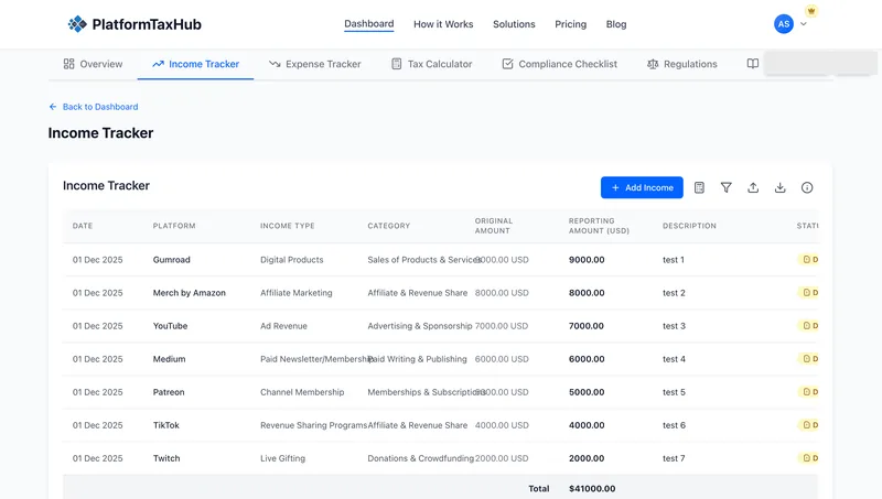 PlatformTaxHub client dashboard