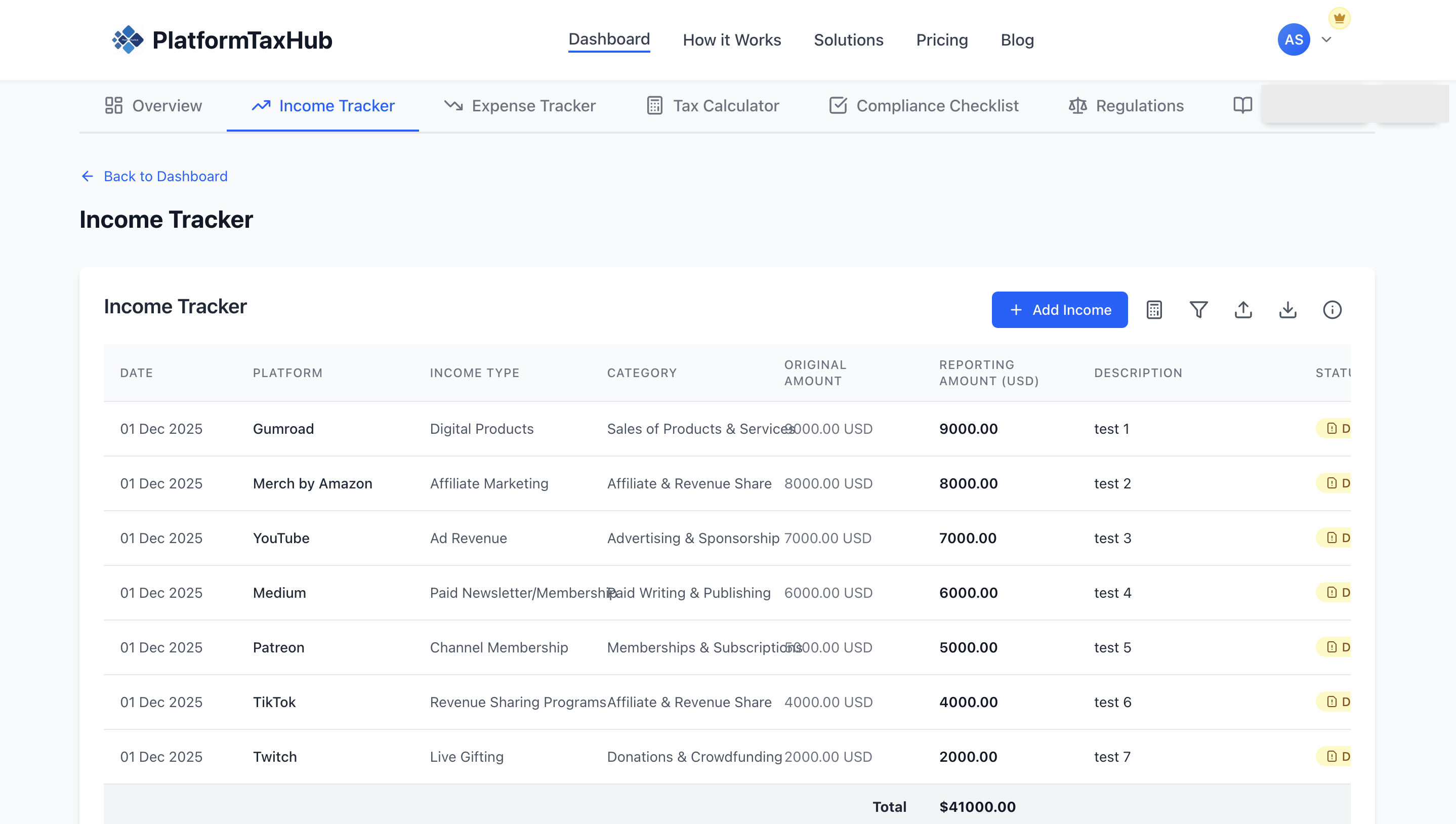 PlatformTaxHub client dashboard